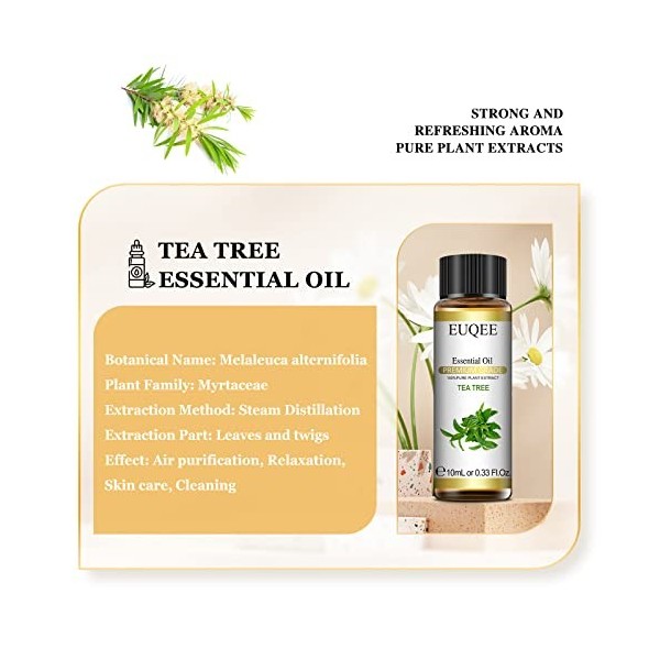 EUQEE Huile Essentielle Tea Tree 10ml, 100% Pure Huile de Arbre à Thé Bio, Naturelles Huiles Essentielles pour Diffuseur, Aro