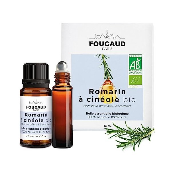 FOUCAUD | Huile essentielle de Romarin à Cinéol | Rosmarinus officinalis | 100% naturelle et BIO | Roll on inclus | Chemotypé