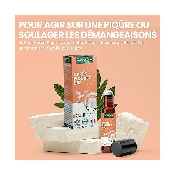 Santarome Bio - Roll on Après Piqûres - Apaise les piqûres dinsectes, de végétaux - Roller Huiles essentielles de Lavande, d