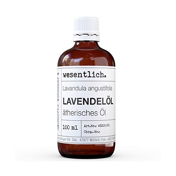 Wesentlich. Huile essentielle de lavande 100 % naturelle dans une bouteille en verre 100 ml 