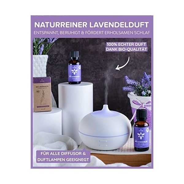 Heldengrün® Huile essentielle de lavande bio 100% naturelle – Lavandula Angustifolia – Huiles essentielles bio – Apaisant et 