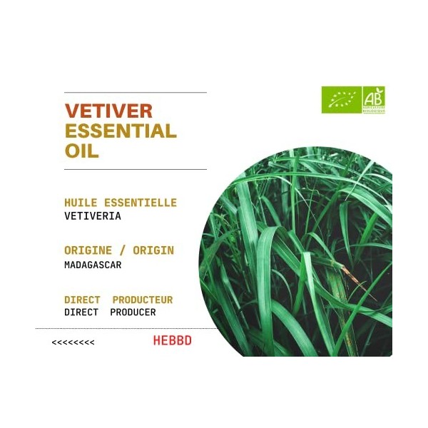 BIO - VETIVER - Huile Essentielle de Vetiver Bio - 100% Pure et Naturelle - Chémotype et Certifiés AB - Parfum de Vetiver -