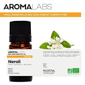 BIO - Huile essentielle NÉROLI - 5mL - 100% Pure, Naturelle, Chémotypée et Certifiée AB - AROMA LABS Marque Française 