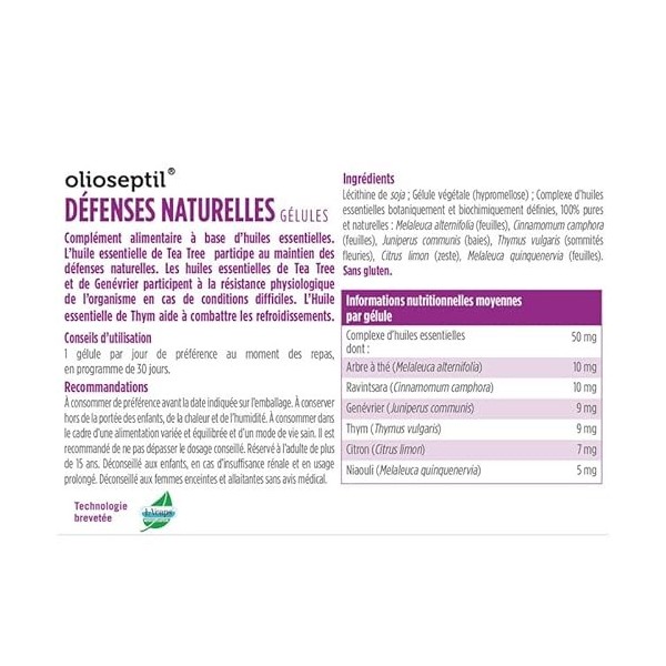 OLIOSEPTIL® - Défenses Naturelles - Association de 6 Huiles Essentielles Pures et Chémotypées en Gélules Végétales L-Vcaps® -