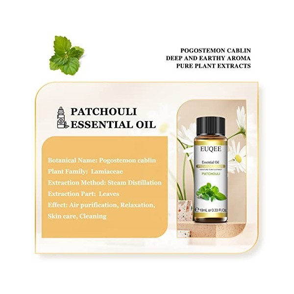 EUQEE Huile Essentielle Patchouli 10ml, Patchouli Huiles Essentielles 100% Pures Naturelles, Huile Essentielle pour Diffuseur