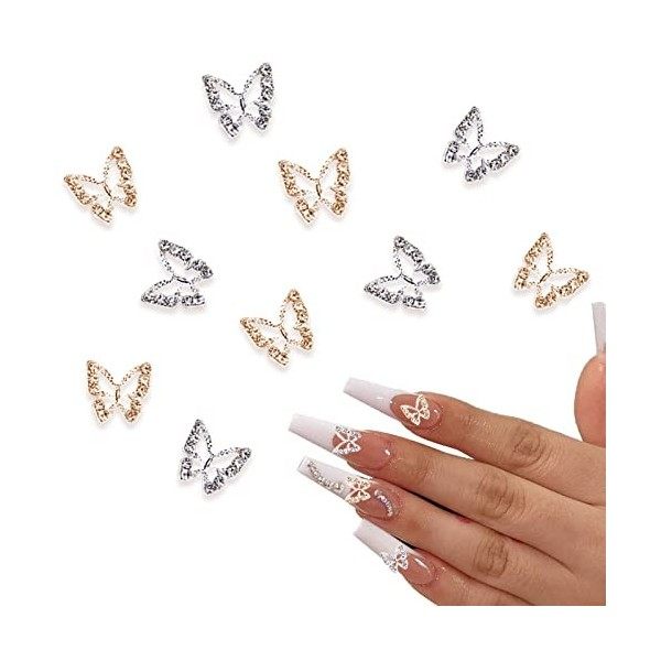 IOSPKKIO® Lot de 10 breloques papillon en alliage 5 or, 5 argentés en métal pour ongles