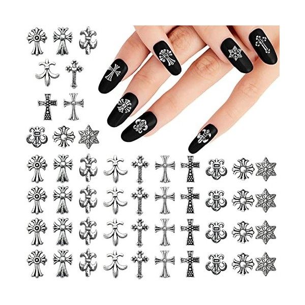 60 pcs Croix Charmes Ongles 3D Coeur Étoile Gemmes Style Mixte Sliver Nail Charms Métal Punk Vintage Nail Art Fournitures pou