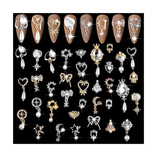 EBANKU - Lot de 36 strass pour nail art - 3D brillants - Diamants en métal - Bijoux pour ongles - Beauté - Breloques en forme