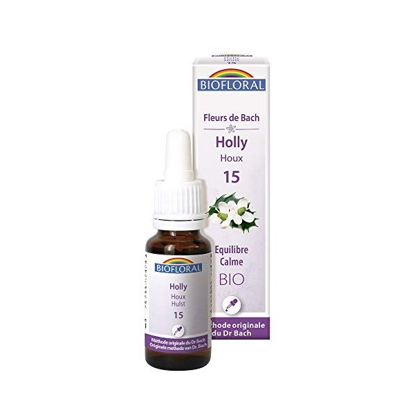 Biofloral Holly 15 Fleur de Bach Elixir Floral du docteur Bach Houx en Compte-Gouttes Equilibre et Calme 20 ml