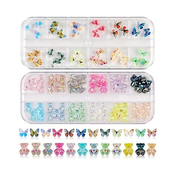 MWOOT 96 Pièces dOngles Charmes de Papillon, 3D Décoration des Ours en Résine, Butterfly Bear Nail Art Charms Kit, Couleur M