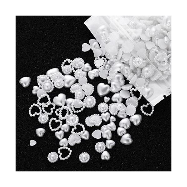 500 Pièces Blanc Perle Coeur Nail Charms 3D Nail Bead Charms Perle Plate Coeur Perles Mignon Divers Perle Décor Nail Art DIY 