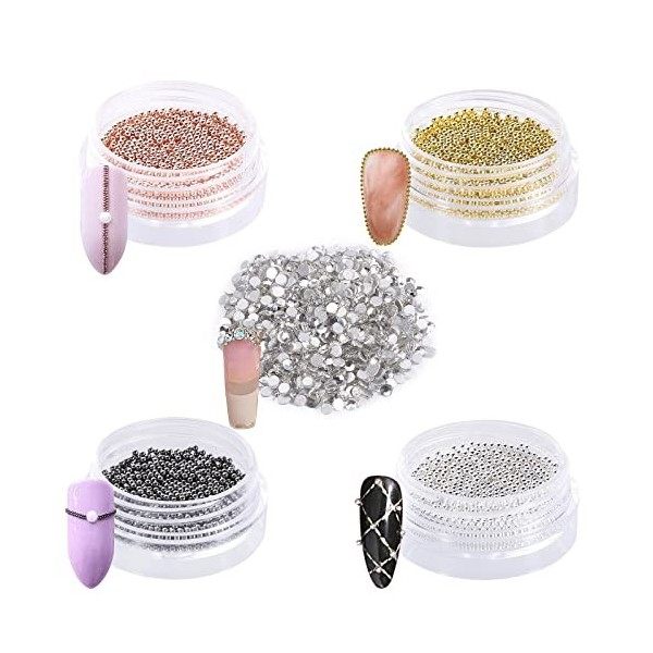 4 Boîtes Caviar Ongle Nail Art, Mini Perles de Caviar Or Argent Noir Or Rose Métal avec Deco Nails Strass, 3D Nails Art Decor