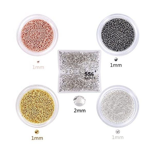 4 Boîtes Caviar Ongle Nail Art, Mini Perles de Caviar Or Argent Noir Or Rose Métal avec Deco Nails Strass, 3D Nails Art Decor