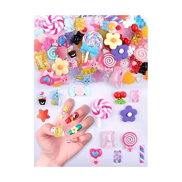 EBANKU 80 PCS Nail Charms Résine, Sucette Cerise Nail Charms Résine Charms Mixed Assortiment de Bonbons Résine Flatback Slime