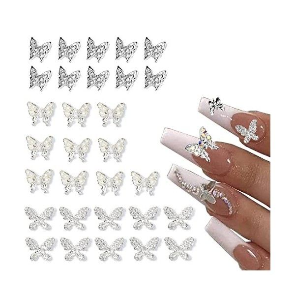 30 Pcs Charmes DOngle de Papillon Alliage,Charme Nœud Papillon Nail Strass,pour Manucure Nail Art DIY Accessoires Décoration