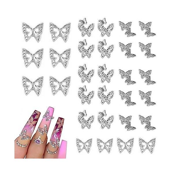 30 Pcs Charmes DOngle de Papillon Alliage,Charme Nœud Papillon Nail Strass,pour Manucure Nail Art DIY Accessoires Décoration