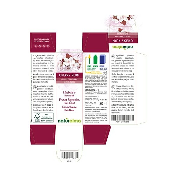 Cherry plum ou Prunier Myrobolan Prunus cerasifera Fleurs de Bach Naturalma | n. 6 | Gouttes 30 ml | Extrait liquide sans a