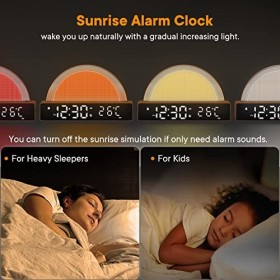 Réveil Lumineux, Lampe avec Simulation de Lever du Soleil, Snooze/6 Sonneries/10 Sons de Sommeil/Minuterie/Affichage Températ
