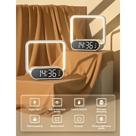VOSFEEL Lampe de Chevet Touch Dimmable avec Réveil Lampe de Table avec Fonction de Charge et Sortie USB Huit Humières avec 3 