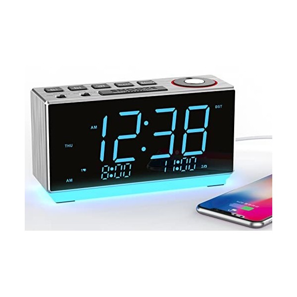 Réveil avec Radio FM, Chargement USB, Affichage LED Bleu Glace de 1,8 Pouces, Veilleuse, Double Alarme, Sieste, Contrôle de G