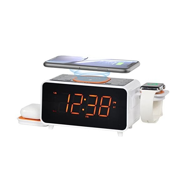 Réveil avec Radio FM, Chargement USB, Affichage LED Bleu Glace de 1,8 Pouces, Veilleuse, Double Alarme, Sieste, Contrôle de G