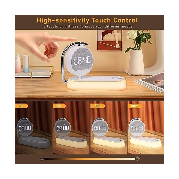 DESGNT Lampe de réveil LED DESIGN, Lampe de chevet avec station de charge sans fil 15W, Veilleuse tactile à 3 niveaux de lumi