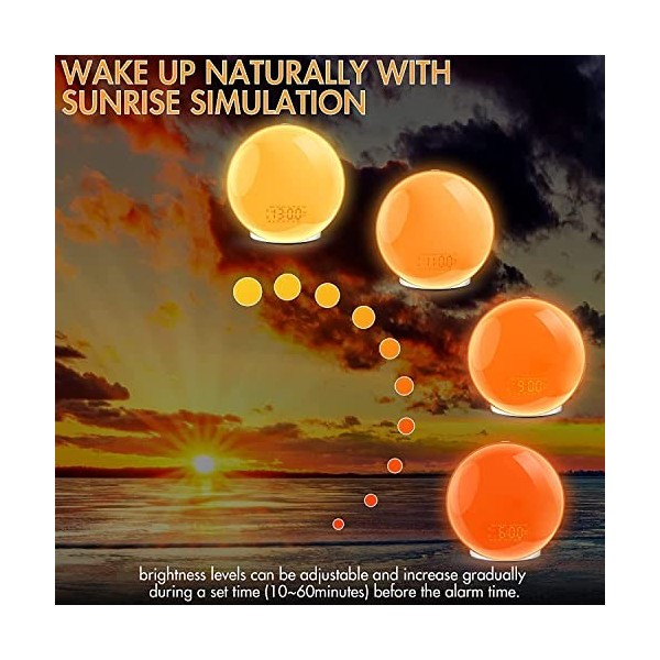 JAKATV Réveil lumineux pour gros dormeurs, chambre à coucher, radio-réveil plein écran avec simulation de lever de soleil, 3 