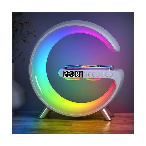 Lampe de Chevet Reveil, LED RGB, Avec Chargeur Sans Fil, Haut-parleur Bluetooth, Veilleuse à Intensité Variable Avec Synchron