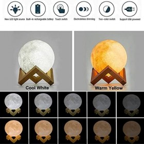 CUQOO Veilleuse 3D en forme de lune avec support en bois élégant Lumière de lune blanche réaliste avec contrôle tactile et ch