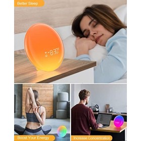 Dekala Réveil lever de soleil pour chambre à coucher, horloge numérique radio, 18 lumières colorées, 16 sons naturels, machin