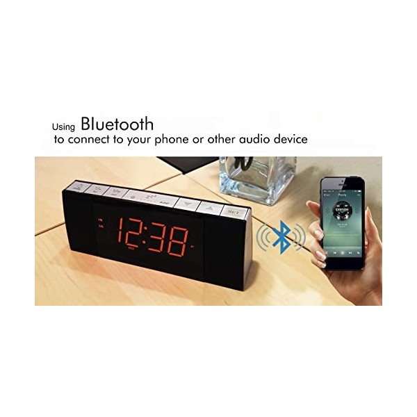 Réveil Radio avec Bluetooth, Radio FM, Double Alarme avec Snooze, Recharge USB, Gradateurs Automatiques et Manuels, Horloge d
