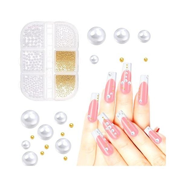 Prasacco Lot de 900 perles à ongles à dos plat pour nail art, 6 tailles de 0,8 à 3 mm, demi-perles pour travaux manuels, pier