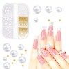 Prasacco Lot de 900 perles à ongles à dos plat pour nail art, 6 tailles de 0,8 à 3 mm, demi-perles pour travaux manuels, pier