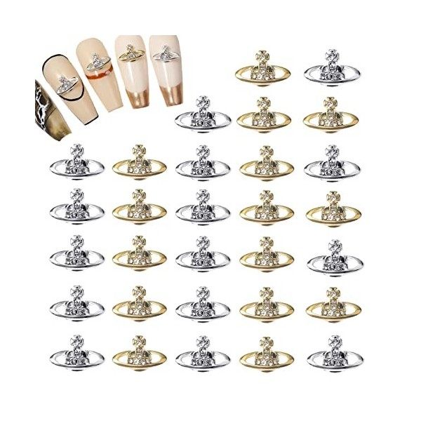 RUNRAYAY 30Pcs Planet Nail Art Charms, Or et Argent 3D Clous à Ongles Élégants Diamants pour Accessoires dOngles, Décoration