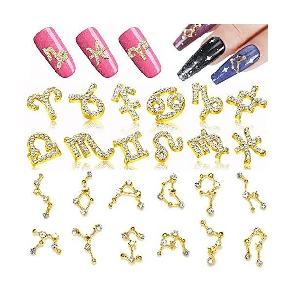 RUNRAYAY 30Pcs Planet Nail Art Charms, Or et Argent 3D Clous à Ongles Élégants Diamants pour Accessoires dOngles, Décoration