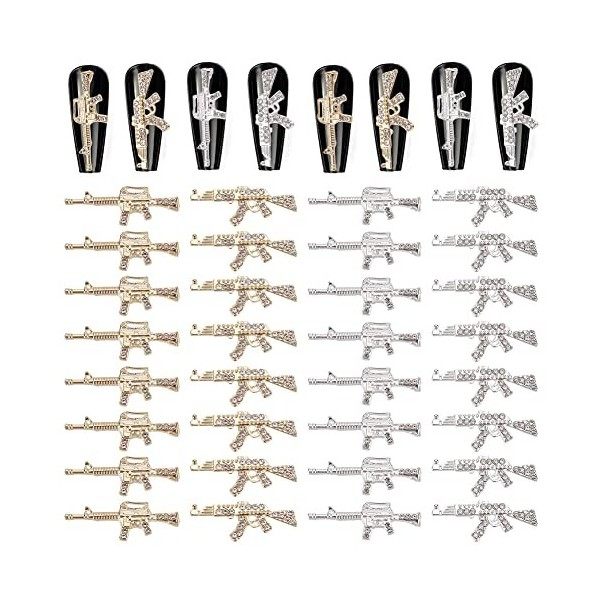 craspire Gun Nail Charms 32Pcs 4 Style 3D Nail Charms avec Strass Gun Nail Art Charms Accessoires pour DIY Nails Art Décorati