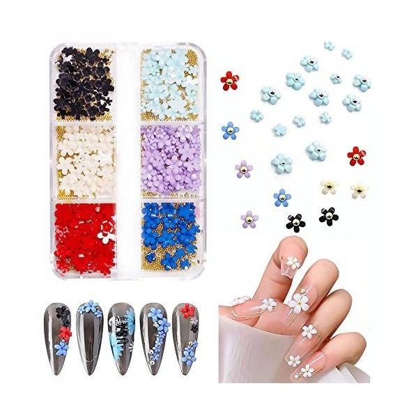 MEISO 1 Boîte Fleur pour Ongles 3D avec Or Petites Perles de Caviar pour Ongles Dos Plat Fleur Ongle Nail Art Coloré 3D Decor