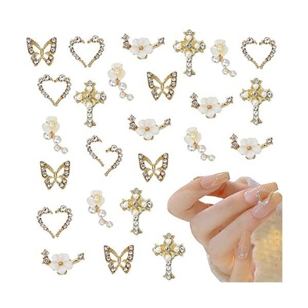 NICENEEDED 30pcs Nail Art Alliage Zircon, Breloques à Ongles Fleur Papillon Demi-Cœur, 3D Luxe Métal Or Ongles Strass Bijoux 