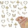 NICENEEDED 30pcs Nail Art Alliage Zircon, Breloques à Ongles Fleur Papillon Demi-Cœur, 3D Luxe Métal Or Ongles Strass Bijoux 