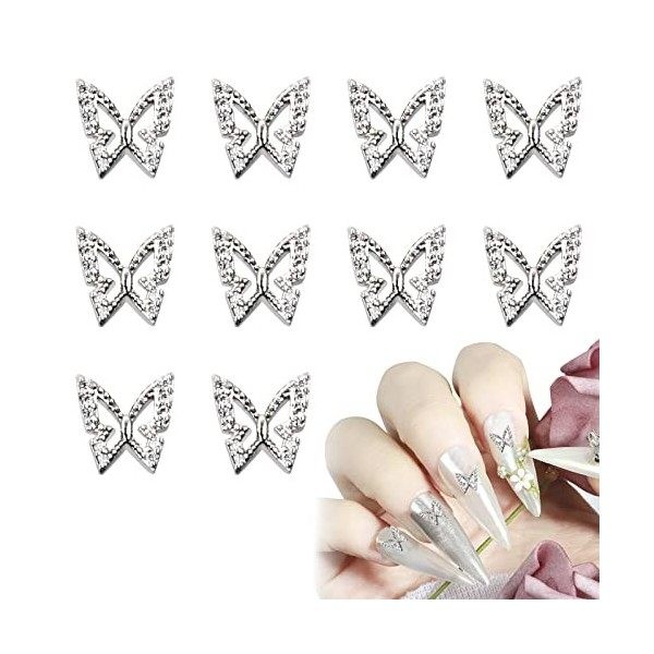 Xzeemo 10 Pcs Bijoux dOngles Papillon, 3D Alliage Strass Nail Charms, Décoration Ongles Nail Art, Luxe Bijoux Ongle en Métal