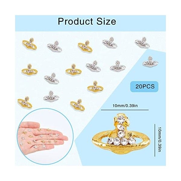 NICENEEDED 20Pcs Or & Argent Planète Nail Art Strass, Saturn 3D Nail Diamonds Nail Gems Nail Charms pour Femmes Filles DIY Na