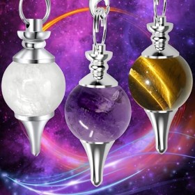 Pendule divinatoire de Radiesthésie en Améthyste, Cristal de Roche et Œil de Tigre – Pendules Sephoroton en Pierre Naturelle 