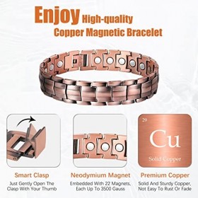 Jeracol Bracelet magnétique pour homme en cuivre massif avec aimants puissants - Réglable - Avec outil de retrait et boîte ca
