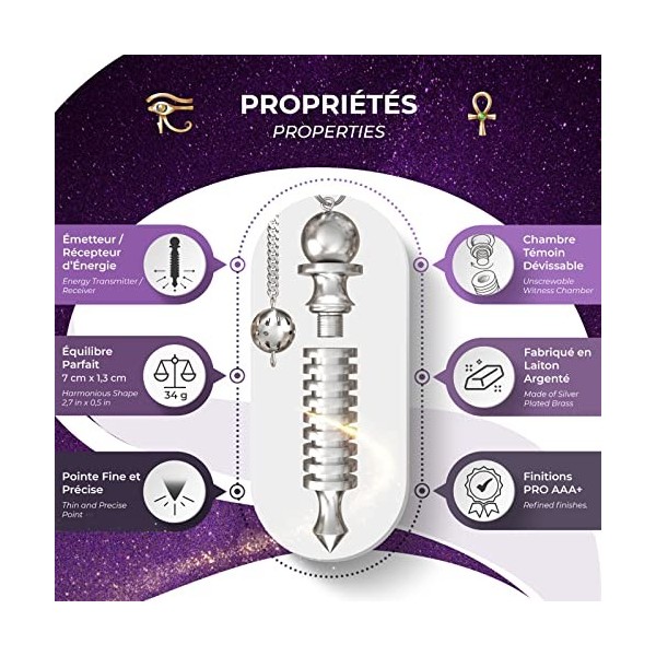 Pendule Egyptien Divinatoire de Radiesthésie ISIS GRAND FORMAT 9 spirales en Laiton Argenté 34 gr – Pendule TEMOIN Voyanc
