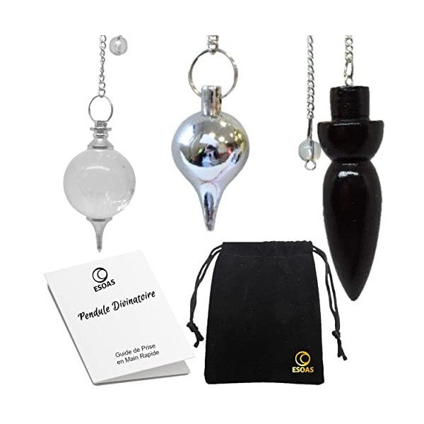 PENDULE DIVINATOIRE RADIESTHESIE, Lot de 3, Égyptien bois + Goutte Métal Laiton + Boule Cristal de Roche Quartz, Idéal Sourci