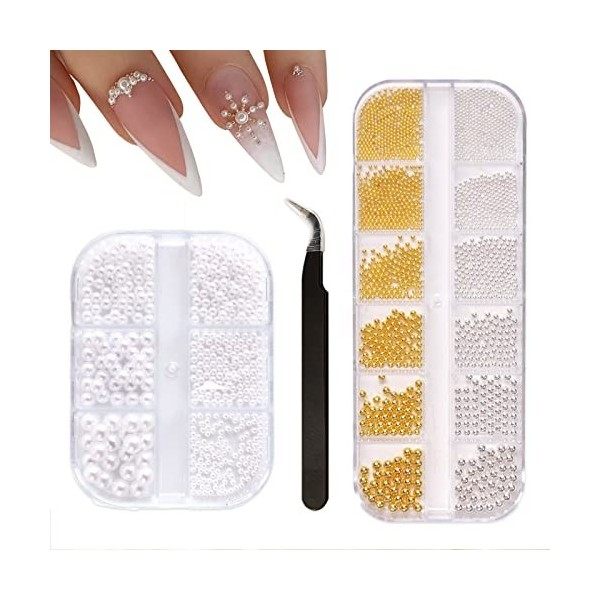 IOSPKKIO® Lot de 2 perles de nail art plates à dos perles pour ongles dorées et argentées avec pince à épiler