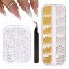 IOSPKKIO® Lot de 2 perles de nail art plates à dos perles pour ongles dorées et argentées avec pince à épiler