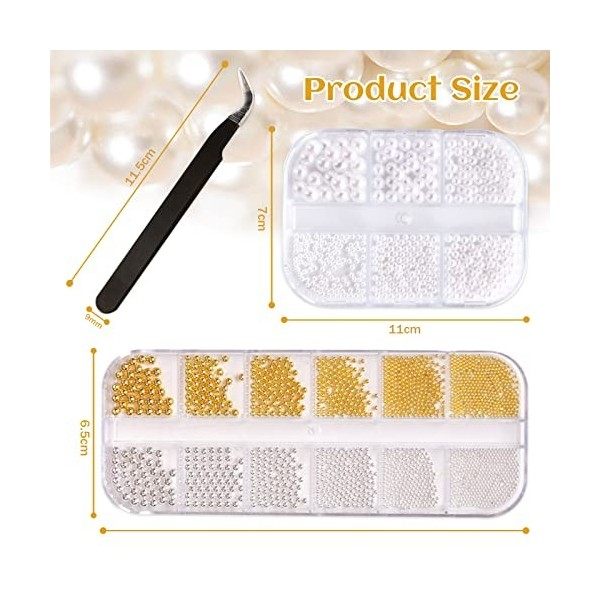 IOSPKKIO® Lot de 2 perles de nail art plates à dos perles pour ongles dorées et argentées avec pince à épiler