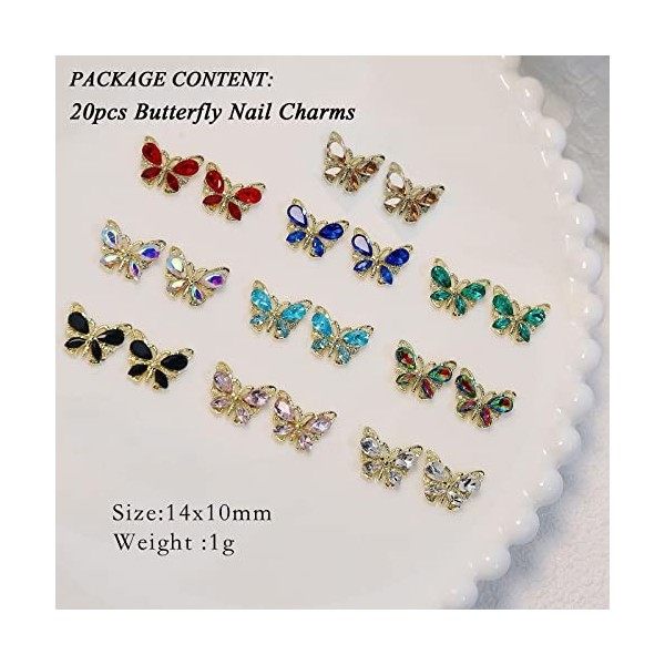 20 Pièces Papillon Strass Ongle Nail Art,Alliage Diamant Cristal Charme De Luxe Ongles Nail Charms 3D Shiny Papillon Shape Bi