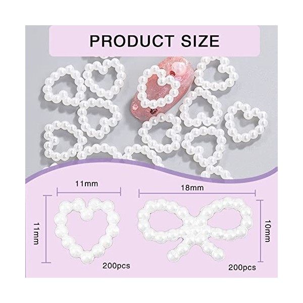 NICENEEDED 400Pcs Perle Nail Charms, 3D White Heart & Bow Design Nail Art Decor pour Nail Art Strass, Bijoux pour Ongles Gouj